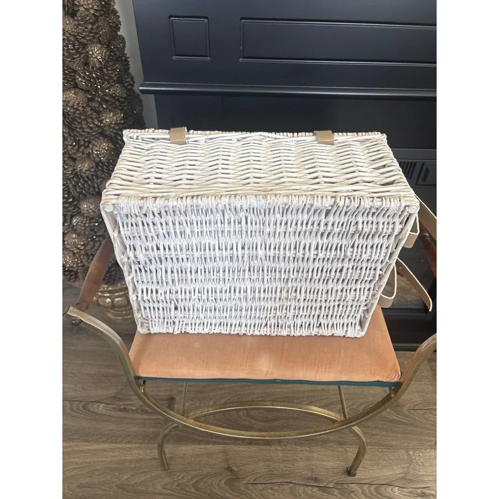 Vintage White Wicker Picnic Basket Set Insulated Cooler Red Gingham Lining